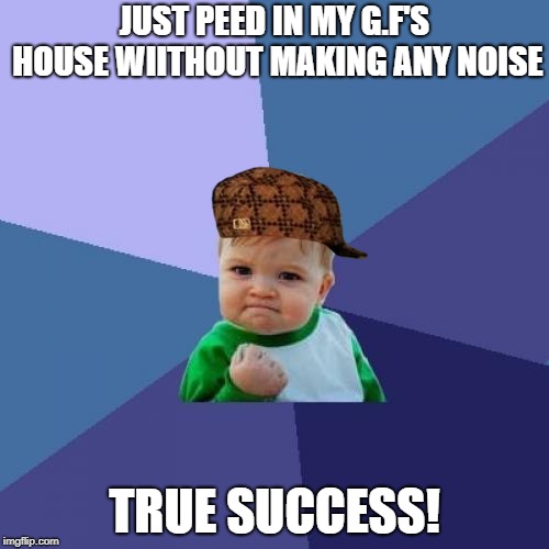 Success Kid |  JUST PEED IN MY G.F'S HOUSE WIITHOUT MAKING ANY NOISE; TRUE SUCCESS! | image tagged in memes,success kid,scumbag | made w/ Imgflip meme maker