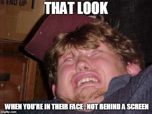 WTF | THAT LOOK; WHEN YOU'RE IN THEIR FACE , NOT BEHIND A SCREEN | image tagged in memes,wtf | made w/ Imgflip meme maker