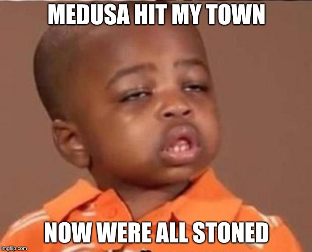 stoned boy | MEDUSA HIT MY TOWN; NOW WERE ALL STONED | image tagged in stoned boy | made w/ Imgflip meme maker