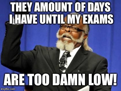 Too Damn High | THEY AMOUNT OF DAYS I HAVE UNTIL MY EXAMS; ARE TOO DAMN LOW! | image tagged in memes,too damn high,too damn low,exams,school,test | made w/ Imgflip meme maker