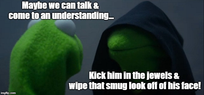 Ever have this dilemma? | Maybe we can talk & come to an understanding... Kick him in the jewels & wipe that smug look off of his face! | image tagged in memes,evil kermit,funny,decisions | made w/ Imgflip meme maker