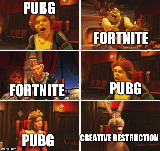 write down the comments on which one is better | PUBG; FORTNITE; PUBG; FORTNITE; CREATIVE DESTRUCTION; PUBG | image tagged in shrek fiona harold donkey,pubg,fortnite,creative destruction | made w/ Imgflip meme maker