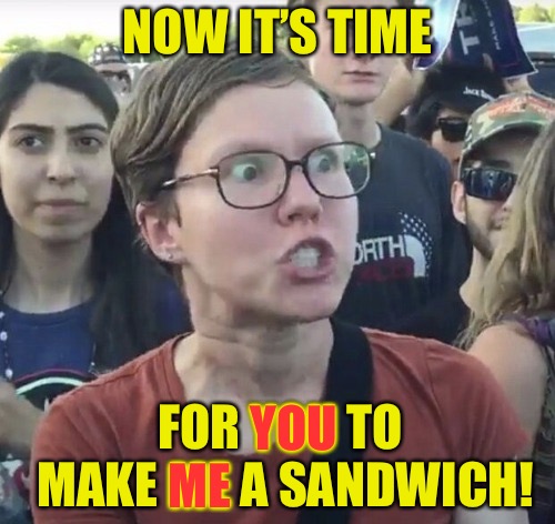 Rise Up Against The Menchines | NOW IT’S TIME; FOR YOU TO MAKE ME A SANDWICH! YOU; ME | image tagged in triggered feminist,memes,gimme a sandwich,pronto,pillock,oik | made w/ Imgflip meme maker