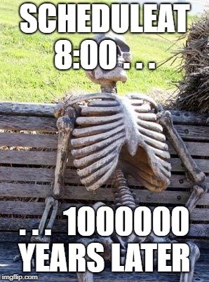 Waiting Skeleton | SCHEDULEAT 8:00 . . . . . .  1000000 YEARS LATER | image tagged in memes,waiting skeleton | made w/ Imgflip meme maker