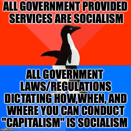 Socially Awesome Awkward Penguin Meme | ALL GOVERNMENT PROVIDED SERVICES ARE SOCIALISM ALL GOVERNMENT LAWS/REGULATIONS DICTATING HOW,WHEN, AND WHERE YOU CAN CONDUCT "CAPITALISM" IS | image tagged in memes,socially awesome awkward penguin | made w/ Imgflip meme maker