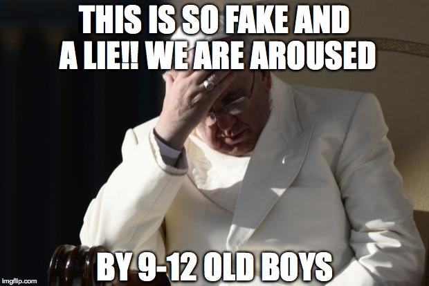 Pope Francis Facepalm | THIS IS SO FAKE AND A LIE!! WE ARE AROUSED BY 9-12 OLD BOYS | image tagged in pope francis facepalm | made w/ Imgflip meme maker