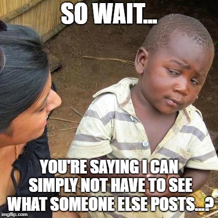 Third World Skeptical Kid Meme | SO WAIT... YOU'RE SAYING I CAN SIMPLY NOT HAVE TO SEE WHAT SOMEONE ELSE POSTS...? | image tagged in memes,third world skeptical kid | made w/ Imgflip meme maker