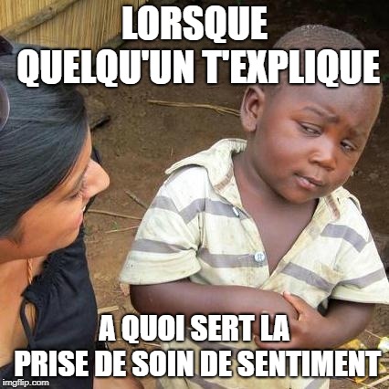 Third World Skeptical Kid Meme | LORSQUE QUELQU'UN T'EXPLIQUE; A QUOI SERT LA PRISE DE SOIN DE SENTIMENT | image tagged in memes,third world skeptical kid | made w/ Imgflip meme maker