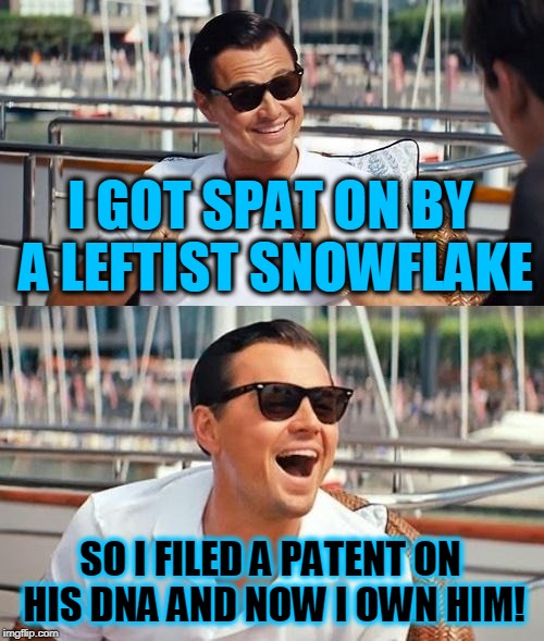 Leonardo Dicaprio Wolf Of Wall Street | I GOT SPAT ON BY A LEFTIST SNOWFLAKE; SO I FILED A PATENT ON HIS DNA AND NOW I OWN HIM! | image tagged in memes,leonardo dicaprio wolf of wall street | made w/ Imgflip meme maker