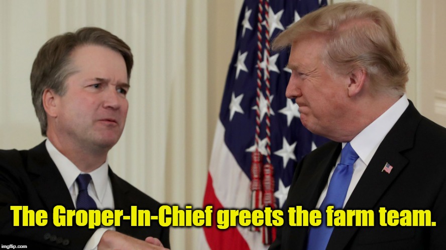"I've got 19 women with complaints out against me. It's so unfair! Ah, let's go find us some broads and GRAB!!!" | The Groper-In-Chief greets the farm team. | image tagged in trump,kavanaugh,grope,grab | made w/ Imgflip meme maker