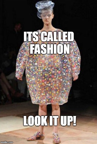 fashion | ITS CALLED FASHION; LOOK IT UP! | image tagged in fashion | made w/ Imgflip meme maker