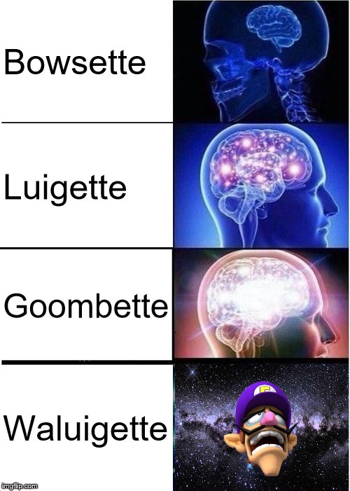 Bowsette ain't my thing, but Waluigette? My life is complete | Bowsette; Luigette; Goombette; Waluigette | image tagged in memes,expanding brain,bowsette,waluigi | made w/ Imgflip meme maker