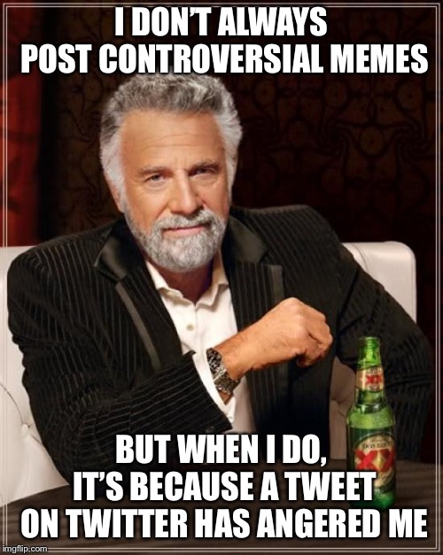 True story! The keyword here is INNOCENT. IN-NO-CENT! WHY would you punish the innocent along with the guilty?!? | I DON’T ALWAYS POST CONTROVERSIAL MEMES; BUT WHEN I DO, IT’S BECAUSE A TWEET ON TWITTER HAS ANGERED ME | image tagged in memes,the most interesting man in the world | made w/ Imgflip meme maker