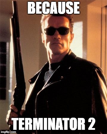 Terminator 2 | BECAUSE TERMINATOR 2 | image tagged in terminator 2 | made w/ Imgflip meme maker