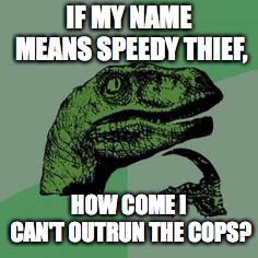 Time raptor  | IF MY NAME MEANS SPEEDY THIEF, HOW COME I CAN'T OUTRUN THE COPS? | image tagged in time raptor | made w/ Imgflip meme maker