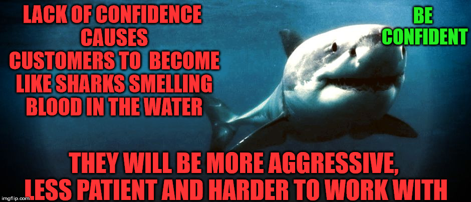 BE CONFIDENT; LACK OF CONFIDENCE CAUSES CUSTOMERS TO  BECOME LIKE SHARKS SMELLING BLOOD IN THE WATER; THEY WILL BE MORE AGGRESSIVE, LESS PATIENT AND HARDER TO WORK WITH | image tagged in sharking | made w/ Imgflip meme maker