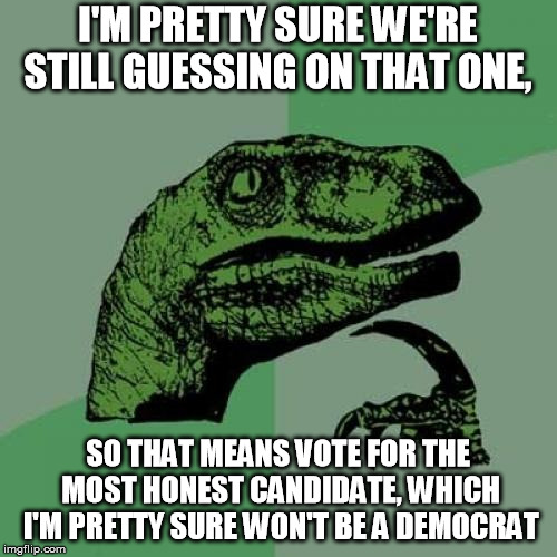 Philosoraptor Meme | I'M PRETTY SURE WE'RE STILL GUESSING ON THAT ONE, SO THAT MEANS VOTE FOR THE MOST HONEST CANDIDATE, WHICH I'M PRETTY SURE WON'T BE A DEMOCRA | image tagged in memes,philosoraptor | made w/ Imgflip meme maker