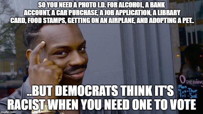 Roll Safe Think About It | SO YOU NEED A PHOTO I.D. FOR ALCOHOL, A BANK ACCOUNT, A CAR PURCHASE, A JOB APPLICATION, A LIBRARY CARD, FOOD STAMPS, GETTING ON AN AIRPLANE, AND ADOPTING A PET.. ..BUT DEMOCRATS THINK IT'S RACIST WHEN YOU NEED ONE TO VOTE | image tagged in memes,roll safe think about it | made w/ Imgflip meme maker