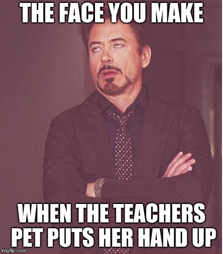Face You Make Robert Downey Jr | THE FACE YOU MAKE; WHEN THE TEACHERS PET PUTS HER HAND UP | image tagged in memes,face you make robert downey jr | made w/ Imgflip meme maker