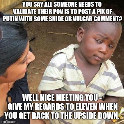 Third World Skeptical Kid Meme | YOU SAY ALL SOMEONE NEEDS TO VALIDATE THEIR POV IS TO POST A PIX OF PUTIN WITH SOME SNIDE OR VULGAR COMMENT? WELL NICE MEETING YOU - GIVE MY REGARDS TO ELEVEN WHEN YOU GET BACK TO THE UPSIDE DOWN. | image tagged in memes,third world skeptical kid,stranger things,bot accusers,leftists | made w/ Imgflip meme maker