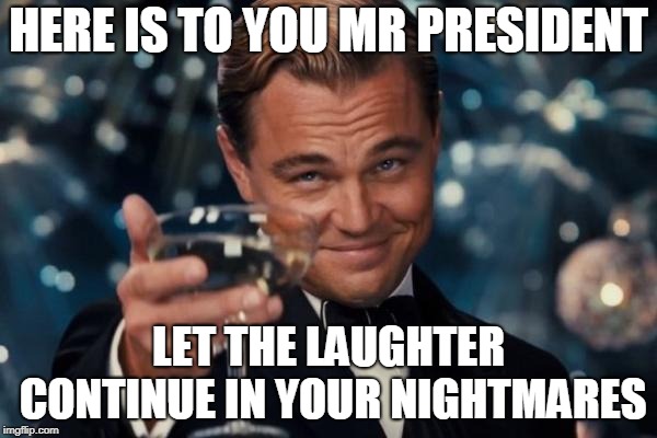 Leonardo Dicaprio Cheers Meme | HERE IS TO YOU MR PRESIDENT; LET THE LAUGHTER CONTINUE IN YOUR NIGHTMARES | image tagged in memes,leonardo dicaprio cheers | made w/ Imgflip meme maker