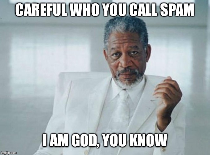 CAREFUL WHO YOU CALL SPAM I AM GOD, YOU KNOW | made w/ Imgflip meme maker