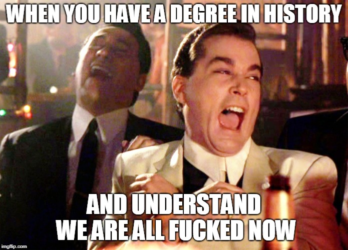 Good Fellas Hilarious Meme | WHEN YOU HAVE A DEGREE IN HISTORY; AND UNDERSTAND WE ARE ALL FUCKED NOW | image tagged in memes,good fellas hilarious | made w/ Imgflip meme maker