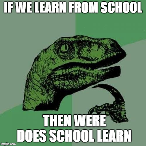 Philosiraptor meme | IF WE LEARN FROM SCHOOL; THEN WERE DOES SCHOOL LEARN | image tagged in philosiraptor meme | made w/ Imgflip meme maker