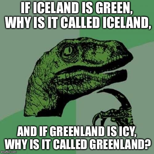 Philosoraptor | IF ICELAND IS GREEN, WHY IS IT CALLED ICELAND, AND IF GREENLAND IS ICY, WHY IS IT CALLED GREENLAND? | image tagged in memes,philosoraptor | made w/ Imgflip meme maker