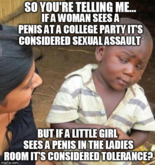 SO YOU'RE TELLING ME... IF A WOMAN SEES A PENIS AT A COLLEGE PARTY IT'S CONSIDERED SEXUAL ASSAULT; BUT IF A LITTLE GIRL SEES A PENIS IN THE LADIES ROOM IT'S CONSIDERED TOLERANCE? | image tagged in so you're telling me,liberal logic,sjws,crying democrats,scotus,brett kavanaugh | made w/ Imgflip meme maker