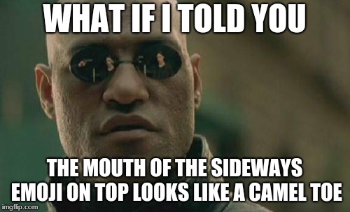 Matrix Morpheus Meme | WHAT IF I TOLD YOU THE MOUTH OF THE SIDEWAYS EMOJI ON TOP LOOKS LIKE A CAMEL TOE | image tagged in memes,matrix morpheus | made w/ Imgflip meme maker