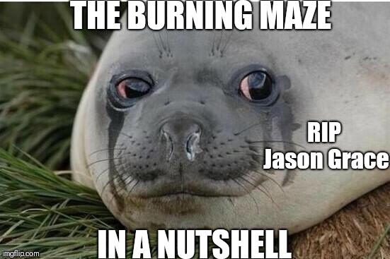 Crying Seal | THE BURNING MAZE; RIP Jason Grace; IN A NUTSHELL | image tagged in crying seal | made w/ Imgflip meme maker