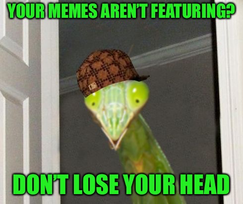 Scumbag Mantis | YOUR MEMES AREN’T FEATURING? DON’T LOSE YOUR HEAD | image tagged in scumbag mantis,memes | made w/ Imgflip meme maker
