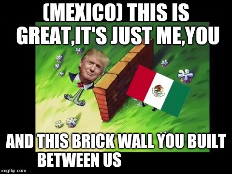 lol | (MEXICO) THIS IS GREAT,IT'S JUST ME,YOU; AND THIS BRICK WALL YOU BUILT BETWEEN US | image tagged in donald trump | made w/ Imgflip meme maker