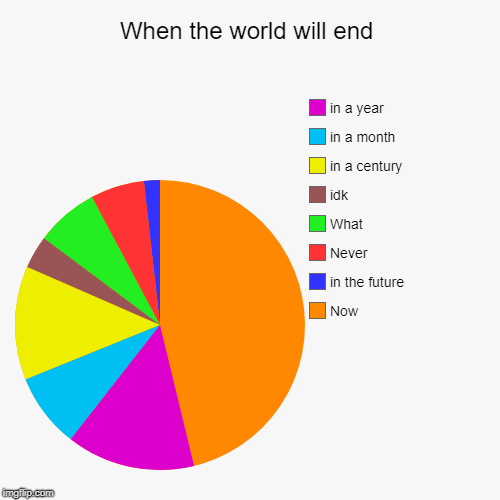 When the world will end | Now, in the future, Never, What, idk, in a century, in a month, in a year | image tagged in funny,pie charts | made w/ Imgflip chart maker
