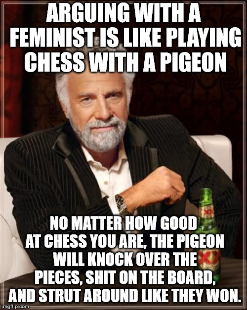 Why can't you have a civil discussion with feminists?  | ARGUING WITH A FEMINIST IS LIKE PLAYING CHESS WITH A PIGEON; NO MATTER HOW GOOD AT CHESS YOU ARE, THE PIGEON WILL KNOCK OVER THE PIECES, SHIT ON THE BOARD, AND STRUT AROUND LIKE THEY WON. | image tagged in memes,the most interesting man in the world | made w/ Imgflip meme maker
