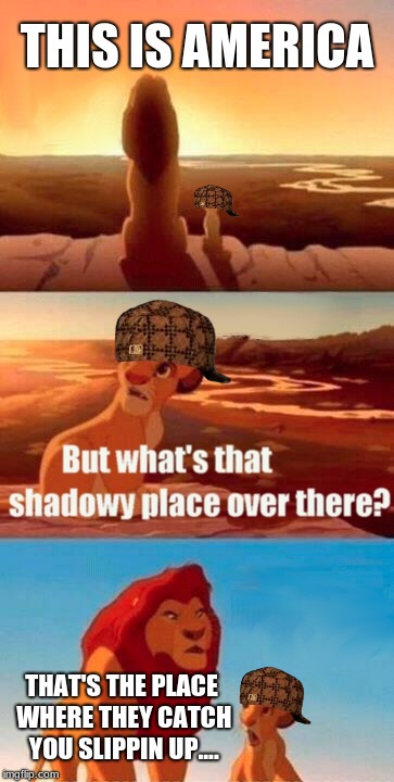 Simba Shadowy Place | THIS IS AMERICA; THAT'S THE PLACE WHERE THEY CATCH YOU SLIPPIN UP.... | image tagged in memes,simba shadowy place,scumbag | made w/ Imgflip meme maker