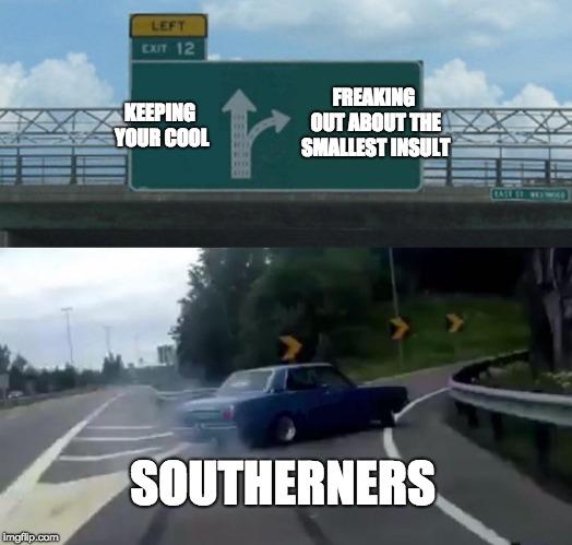 Left Exit 12 Off Ramp Meme | FREAKING OUT ABOUT THE SMALLEST INSULT; KEEPING YOUR COOL; SOUTHERNERS | image tagged in memes,left exit 12 off ramp | made w/ Imgflip meme maker