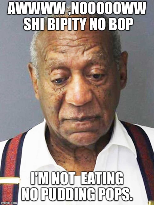 Bill Cosby mugshot | AWWWW ,NOOOOOWW SHI BIPITY NO BOP; I'M NOT  EATING NO PUDDING POPS. | image tagged in bill cosby mugshot | made w/ Imgflip meme maker