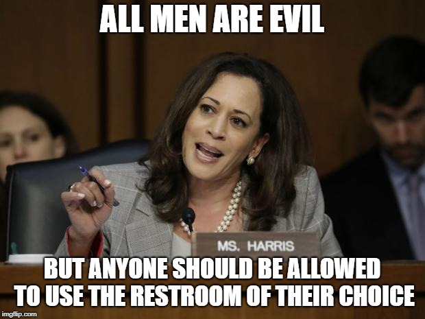 Kamala Harris | ALL MEN ARE EVIL; BUT ANYONE SHOULD BE ALLOWED TO USE THE RESTROOM OF THEIR CHOICE | image tagged in kamala harris | made w/ Imgflip meme maker