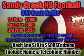 SCHS Football Raffle | Sandy Creek HS Football; $10 Cash Raffle; 1st Prize    $2000                               2nd Prize  $500                                              
                 3rd Prize   $250; DRAWING ON 11/2 @HOME GAME DO NOT HAVE TO BE PRESENT TO WIN. Cash App $10 to $SCHSEndzone; Include Name & Telephone Number | image tagged in football field | made w/ Imgflip meme maker