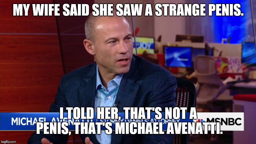 Michael Avenatti Hack Pimp Loser Ambulance Chaser | MY WIFE SAID SHE SAW A STRANGE PENIS. I TOLD HER, THAT'S NOT A PENIS, THAT'S MICHAEL AVENATTI. | image tagged in michael avenatti hack pimp loser ambulance chaser | made w/ Imgflip meme maker