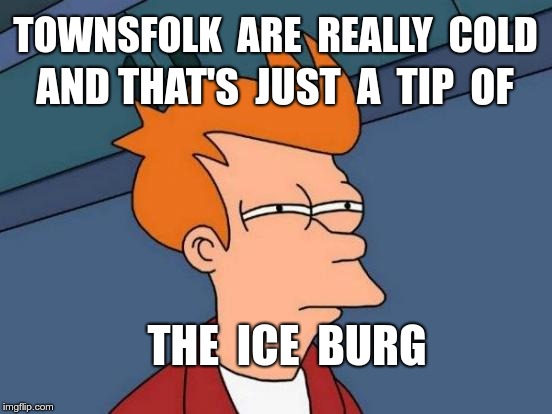 Acceptance | TOWNSFOLK  ARE  REALLY  COLD; AND THAT'S  JUST  A  TIP  OF; THE  ICE  BURG | image tagged in memes,futurama fry | made w/ Imgflip meme maker