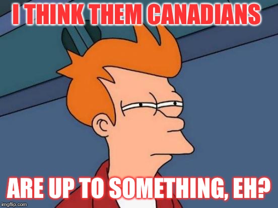 Futurama Fry Meme | I THINK THEM CANADIANS ARE UP TO SOMETHING, EH? | image tagged in memes,futurama fry | made w/ Imgflip meme maker