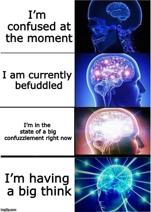 Expanding Brain | I’m confused at the moment; I am currently befuddled; I’m in the state of a big confuzzlement right now; I’m having a big think | image tagged in memes,expanding brain | made w/ Imgflip meme maker