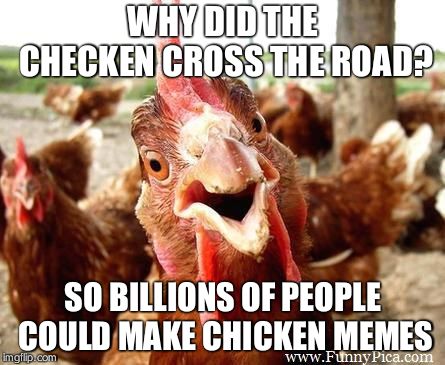 Chicken | WHY DID THE CHECKEN CROSS THE ROAD? SO BILLIONS OF PEOPLE COULD MAKE CHICKEN MEMES | image tagged in chicken | made w/ Imgflip meme maker