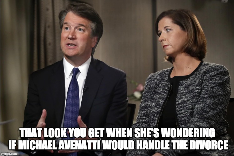 That look you get | mxc; THAT LOOK YOU GET WHEN SHE'S WONDERING IF MICHAEL AVENATTI WOULD HANDLE THE DIVORCE | image tagged in brett kavanaugh,michael avenatti,scotus,sexual assault,that look you get,politics | made w/ Imgflip meme maker