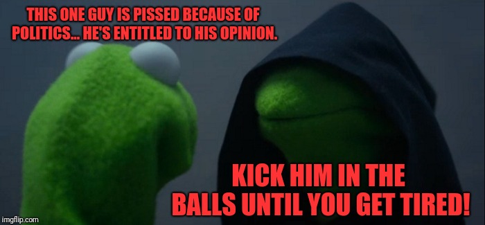Evil Kermit Meme | THIS ONE GUY IS PISSED BECAUSE OF POLITICS... HE'S ENTITLED TO HIS OPINION. KICK HIM IN THE BALLS UNTIL YOU GET TIRED! | image tagged in memes,evil kermit | made w/ Imgflip meme maker