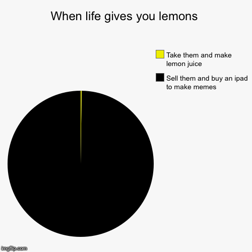 When life gives you lemons | Sell them and buy an ipad to make memes, Take them and make lemon juice | image tagged in funny,pie charts | made w/ Imgflip chart maker