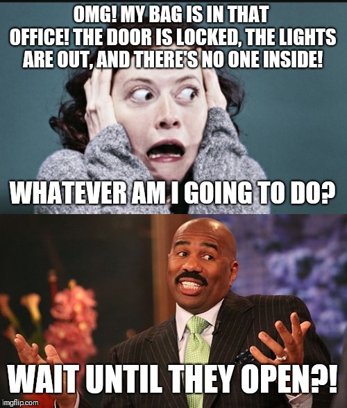 Stupid people | OMG! MY BAG IS IN THAT OFFICE!
THE DOOR IS LOCKED, THE LIGHTS ARE OUT, AND THERE'S NO ONE INSIDE! WHATEVER AM I GOING TO DO? WAIT UNTIL THEY OPEN?! | image tagged in steve harvey,stupid,stupid people,memes,funny memes | made w/ Imgflip meme maker